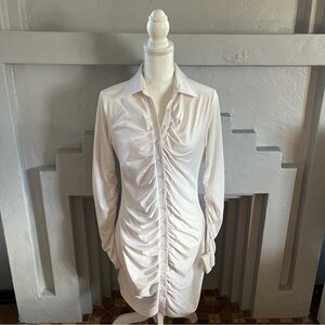 White Ruched Bodycon Button-Up Dress